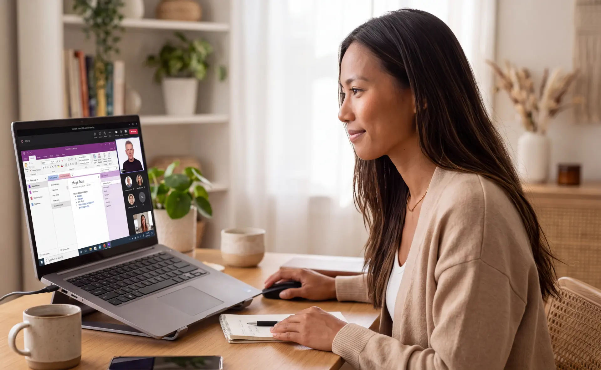 Participant joining a live virtual Microsoft 365 training session from her desk