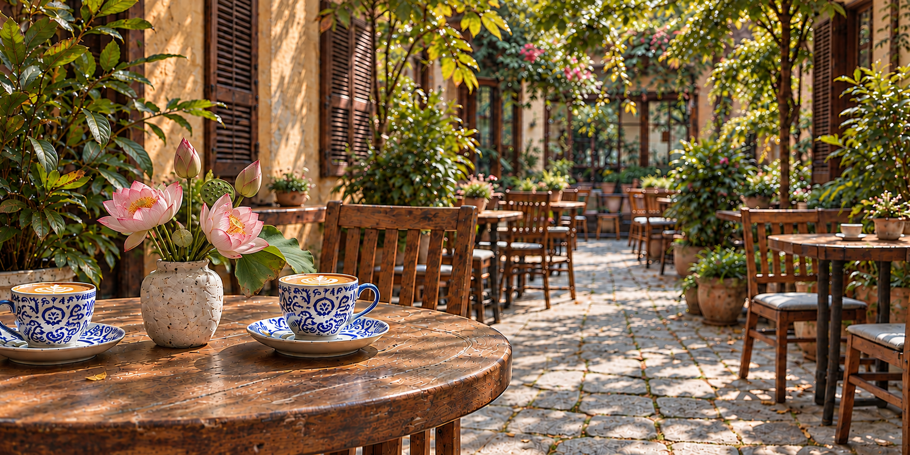 Two cups of coffee beside pink lotus flowers in a leafy courtyard café.