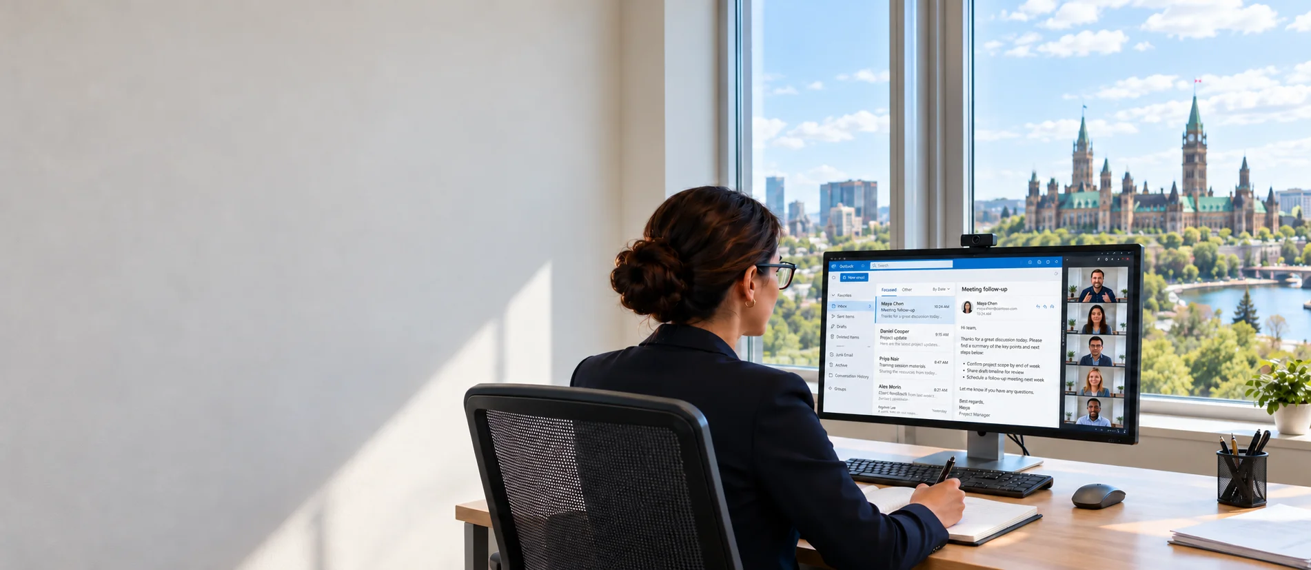 Participant attending live virtual Microsoft 365 training in an Ottawa office overlooking Parliament.