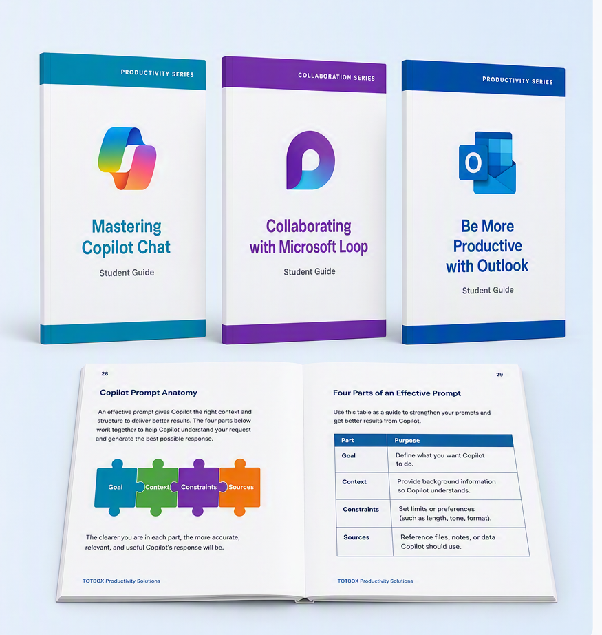 Totbox student guides: Mastering Copilot Chat, Collaborating with Microsoft Loop, Be More Productive with Outlook